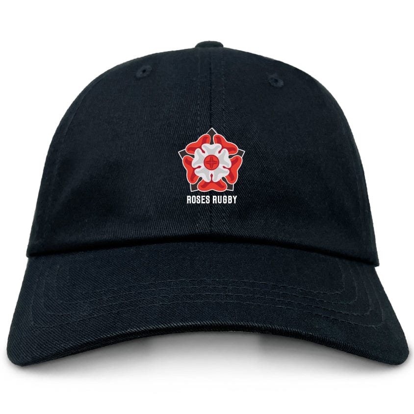 The Roses Rugby Adult Low-Profile Cotton Twill Dad Cap by EMB S&S Activewear features black cotton twill, an embroidered red and white rose emblem, and "ROSES RUGBY" text on the front.