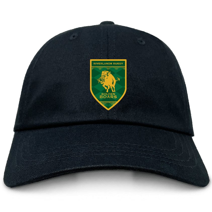 The Riverlands Rugby Adult Low-Profile Cotton Twill Dad Cap by EMB S&S Activewear is a black dad cap featuring a yellow and green "Golden Boars" rugby team crest and bold boar graphic on the front.