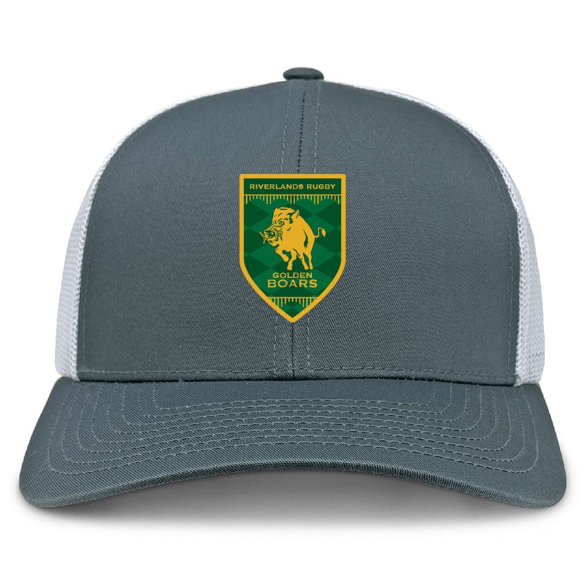 The Riverlands Rugby Retro Trucker Cap by EMB S&S Activewear features a yellow and green "Riverland Rugby Golden Boars" logo with boar graphic, polyester-cotton blend, gray/white colors, and an adjustable snapback closure.