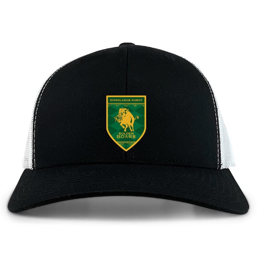 The Riverlands Rugby Retro Trucker Cap by EMB S&S Activewear features a front view in black and white, a green and yellow Riverlands Rugby Boars logo on the front panel, and is made from a comfortable polyester-cotton blend.