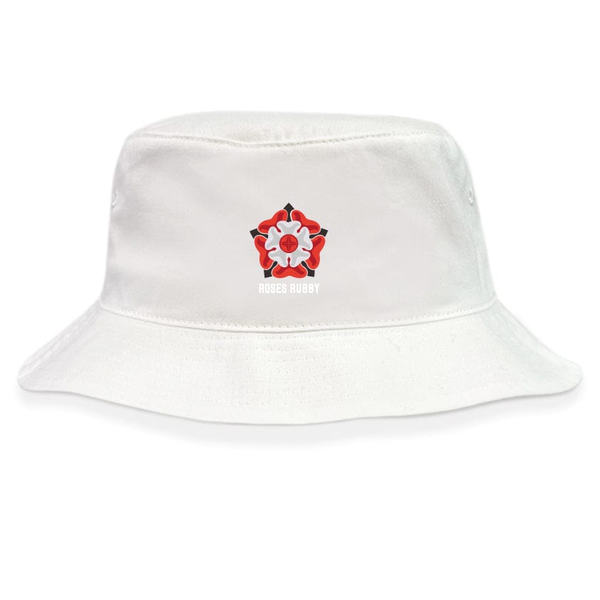 The Roses Rugby Crusher Bucket Cap by EMB S&S Activewear is a white cotton twill hat with a red and white rose emblem and "ROSES RUGBY" text on the front, combining style with sun protection.