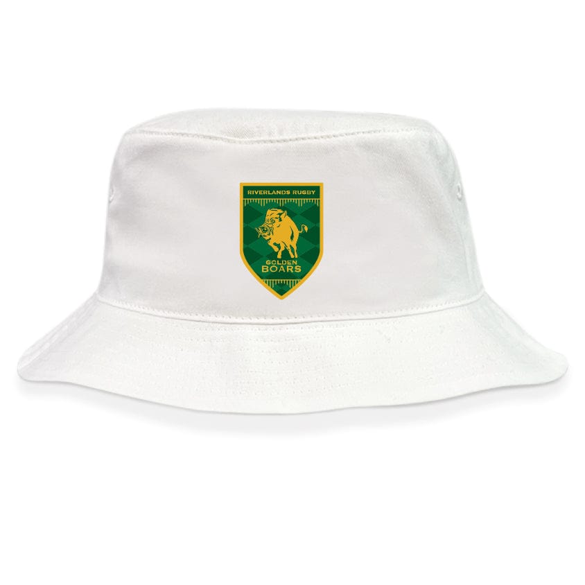 The Riverlands Rugby Crusher Bucket Cap by EMB S&S Activewear is a white brushed cotton twill hat featuring the green and yellow South Boars rugby team crest on the front, providing sun protection in style.