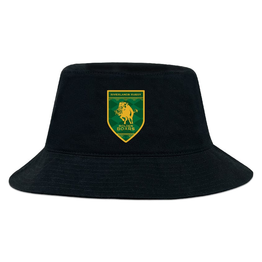 The Riverlands Rugby Crusher Bucket Cap by EMB S&S Activewear is a black brushed cotton twill hat with a green and yellow Swellendam Rugby lion emblem and "Boars" text on the front, providing excellent sun protection.