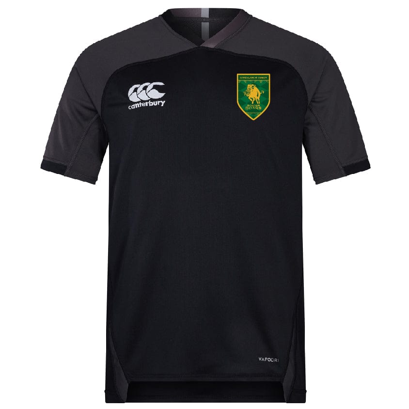 The Riverlands Rugby Vapodri Evader Jersey by EMB Canterbury is a black short-sleeve jersey with dark gray shoulders, a white Canterbury logo, and a green-and-yellow shield badge, featuring moisture-wicking technology for comfort.
