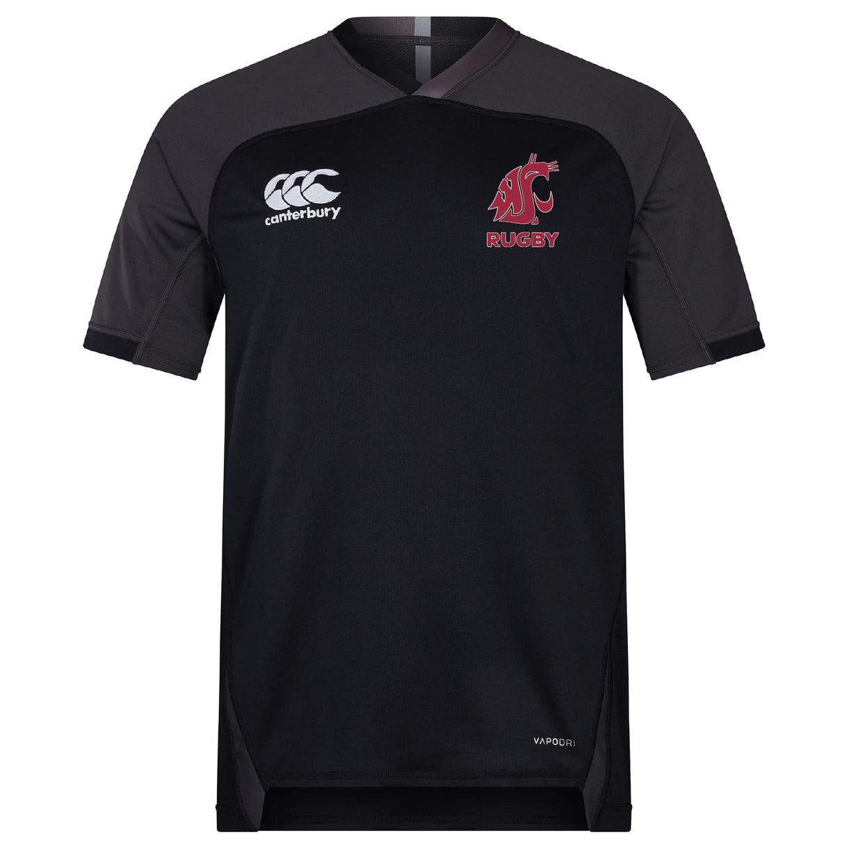 The Washington State University Vapodri Evader Jersey by Canterbury is a black short-sleeve jersey with "Canterbury" and "WSU Rugby" logos on the chest and a "Vapodri" label for advanced comfort from EMB Canterbury.