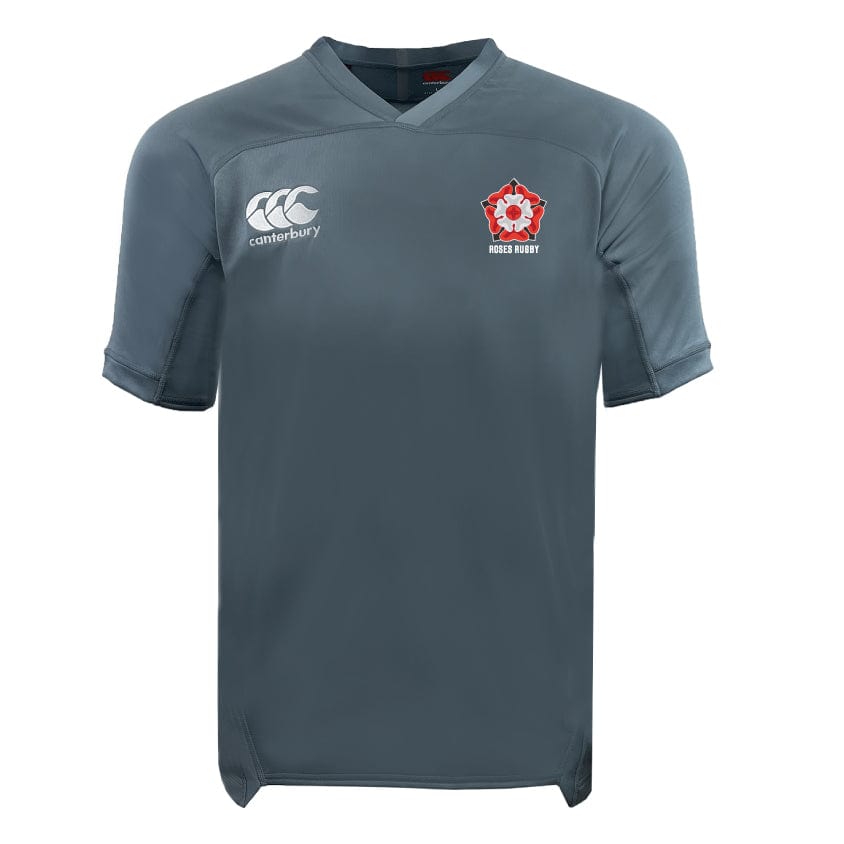 The Roses Rugby Vapodri Evader Jersey by EMB Canterbury sports a gray design with a white logo on the left chest, red and white badge on the right. This V-neck, short-sleeved rugby jersey uses moisture-wicking tech for optimal comfort on the field.