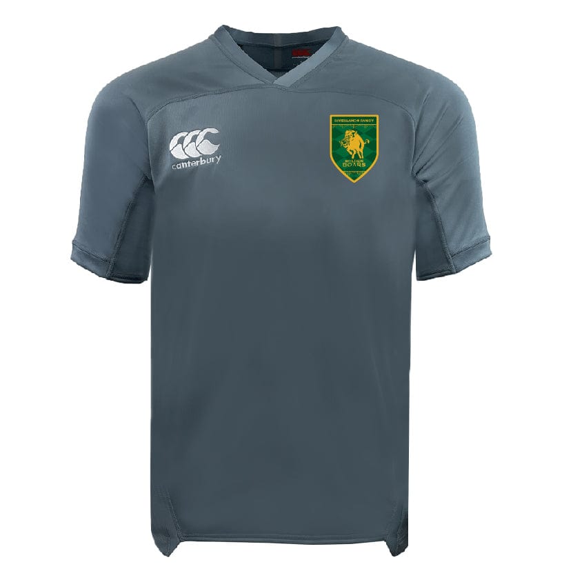 The Riverlands Rugby Vapodri Evader Jersey by EMB Canterbury is a grey short-sleeve jersey featuring a white Canterbury logo on the right chest, a green and yellow South Africa Rugby badge on the left, and moisture-wicking technology for comfort.