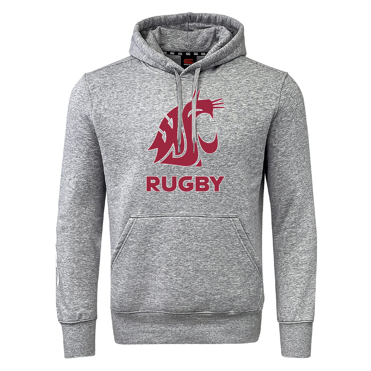Show your team spirit with the Washington State University Club Hoodie by WRS Canterbury, featuring a bold red cougar logo above "RUGBY" in striking red and a handy front pocket for true club branding.