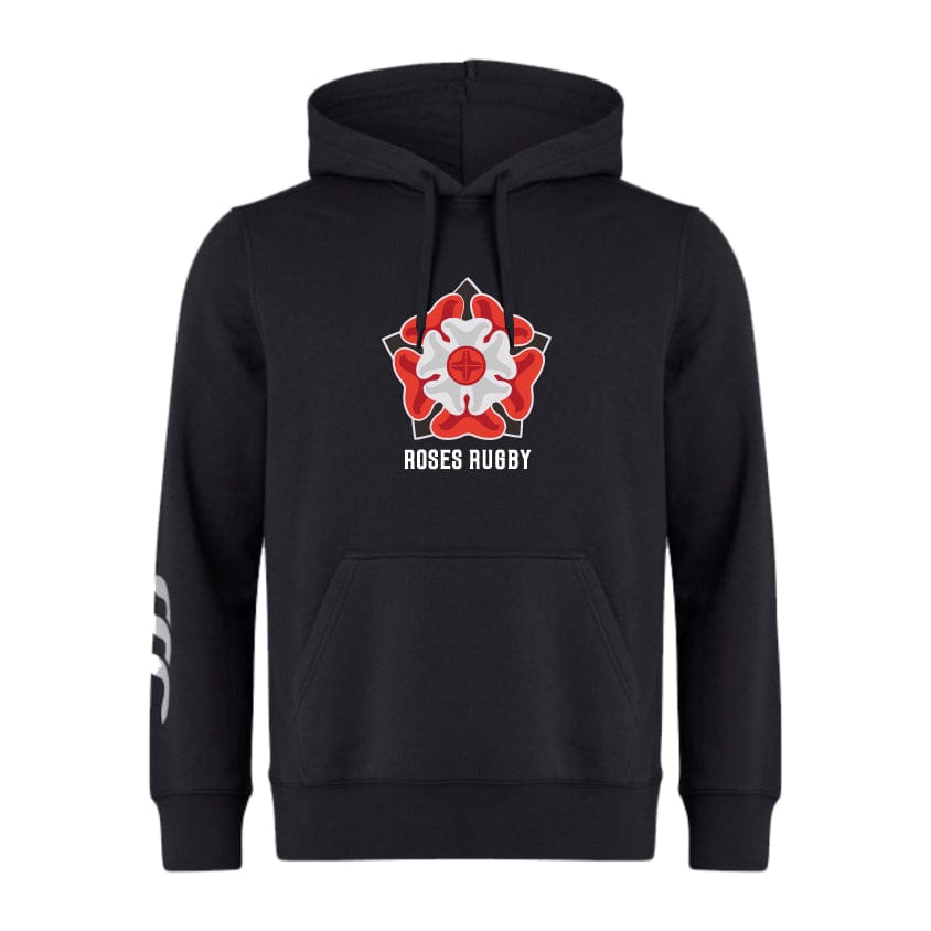 The Roses Rugby Club Hoodie by WRS Canterbury is a black hoodie made from premium fleece, boasting a red and white rose design with "ROSES RUGBY" text on the front. Ideal for rugby club collections, it offers customization to personalize your style.