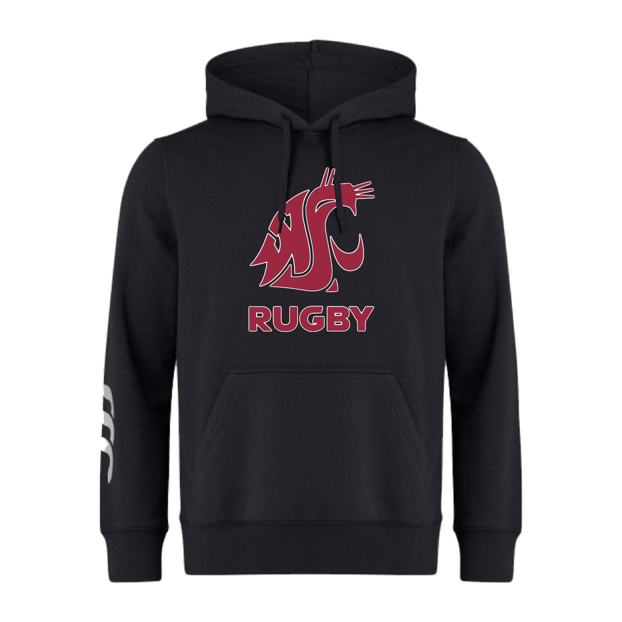 The Washington State University Club Hoodie by WRS Canterbury is a black custom hoodie with a red cougar head logo, "WSU" and "RUGBY" in bold, plus white stripes on the left sleeve for standout team branding.