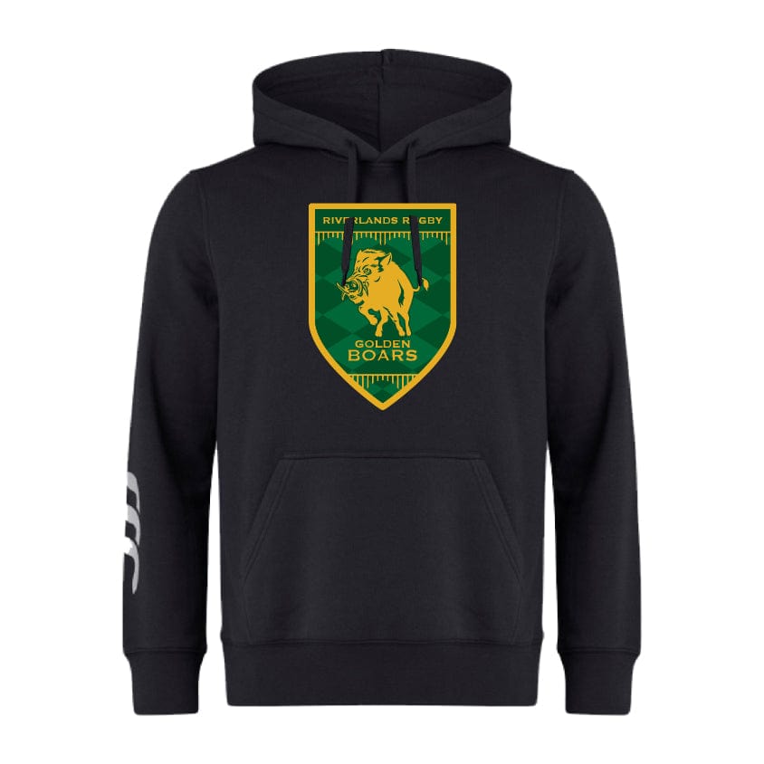 The Riverlands Rugby Club Hoodie by WRS Canterbury is made from sweatshirt fleece, features a large green and gold club crest on the chest, white stripes on the right sleeve, and offers optional customization.