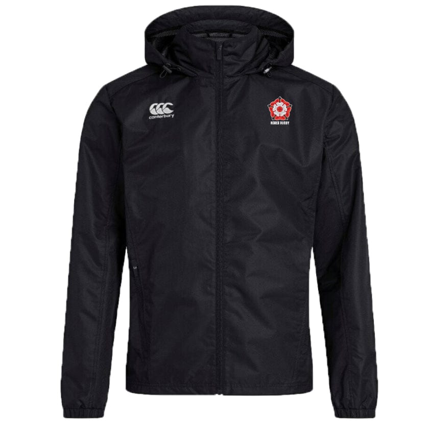 The Roses Rugby Club Vaposhield Stadium Jacket by EMB Canterbury is black, hooded, and sports the Canterbury logo on the right and a rose emblem on the left chest. Featuring Vaposhield Technology, it's water-repellent for rainy weather protection.