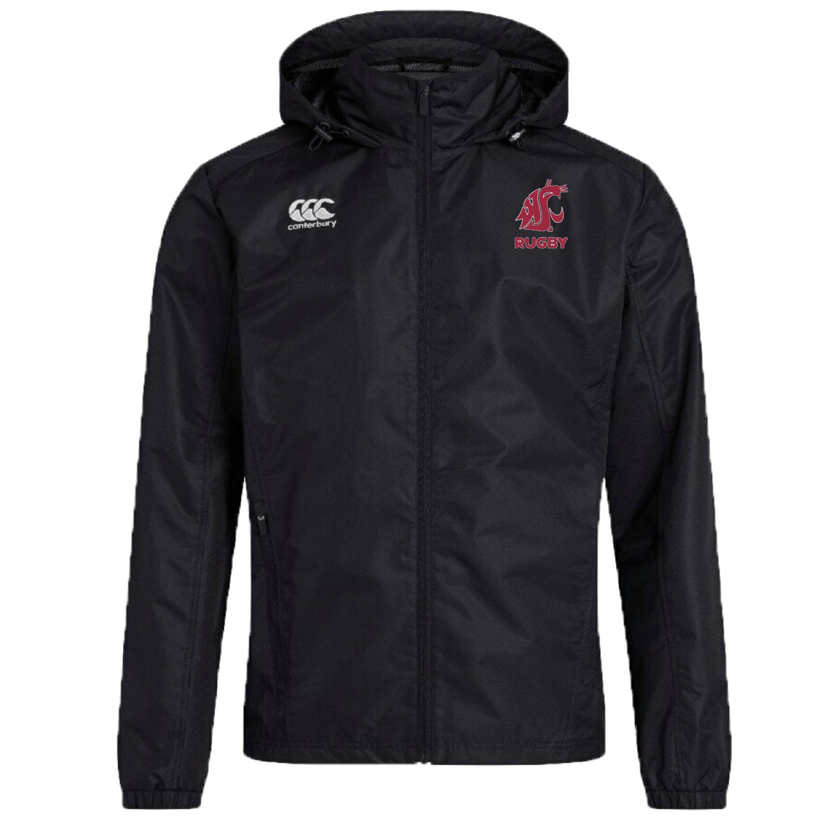 The Washington State University Club Vaposhield Full Zip Rain Jacket by EMB Canterbury features a black zip-up design with a right chest Canterbury logo and left chest red cougar rugby emblem, plus VapoShield tech for water resistance and comfort.