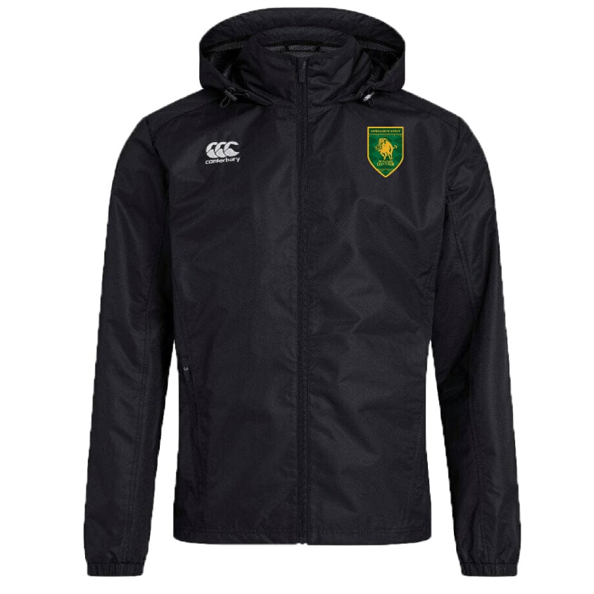 The Riverlands Rugby Club Vaposhield Full Zip Rain Jacket by EMB Canterbury features a black design, front zipper, VapoShield water-resistant technology, Canterbury logo on the right chest, and a green and gold lion crest on the left chest.