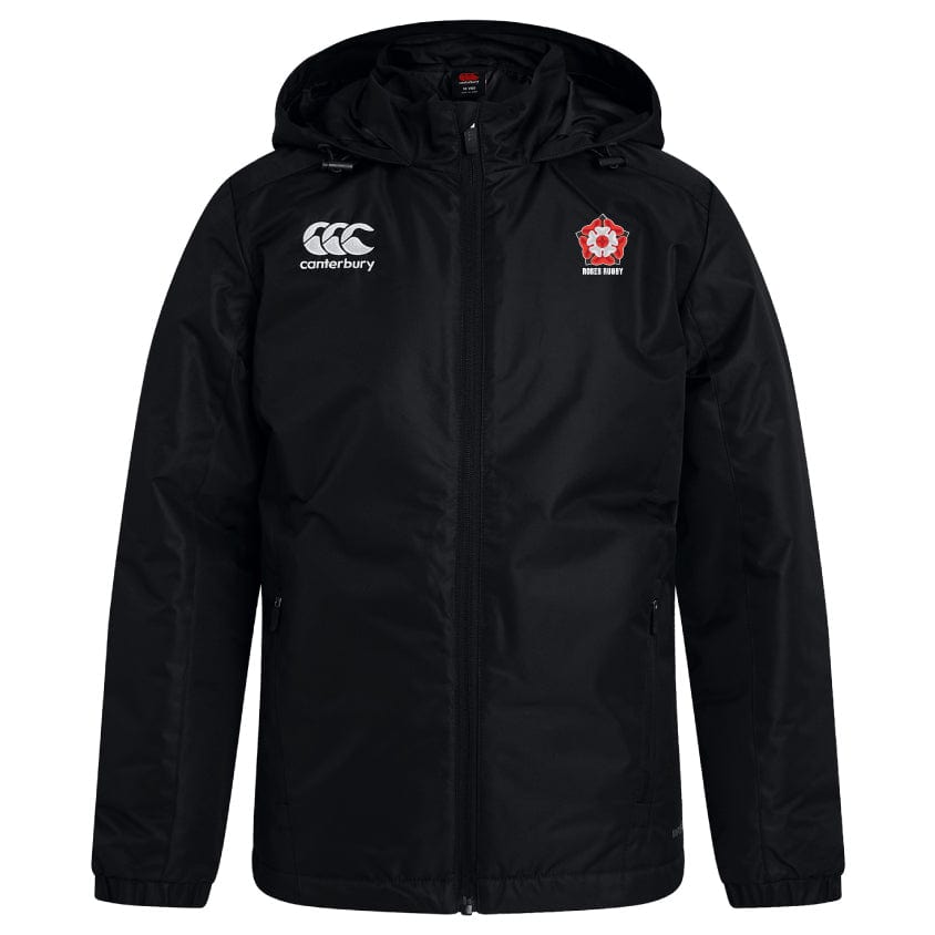 The Roses Rugby Club Vaposhield Full Zip Rain Jacket by EMB Canterbury features a black hood, Canterbury logo on the left chest, red emblem on the right chest, and VapoShield Technology for water resistance.