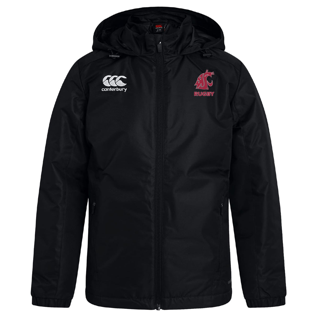 The Washington State University Club Vaposhield Stadium Jacket by EMB Canterbury is a black zip-up, water-repellent jacket with Canterbury VapoShield technology, featuring the Canterbury logo on the right chest and a red WSU Rugby logo on the left.