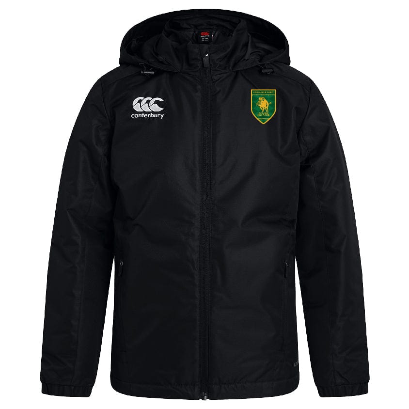 The Riverlands Rugby Club Vaposhield Stadium Jacket by EMB Canterbury features a black hood, front zipper, white Canterbury logo on the right chest, green and yellow shield emblem, and water repellent technology for added protection.