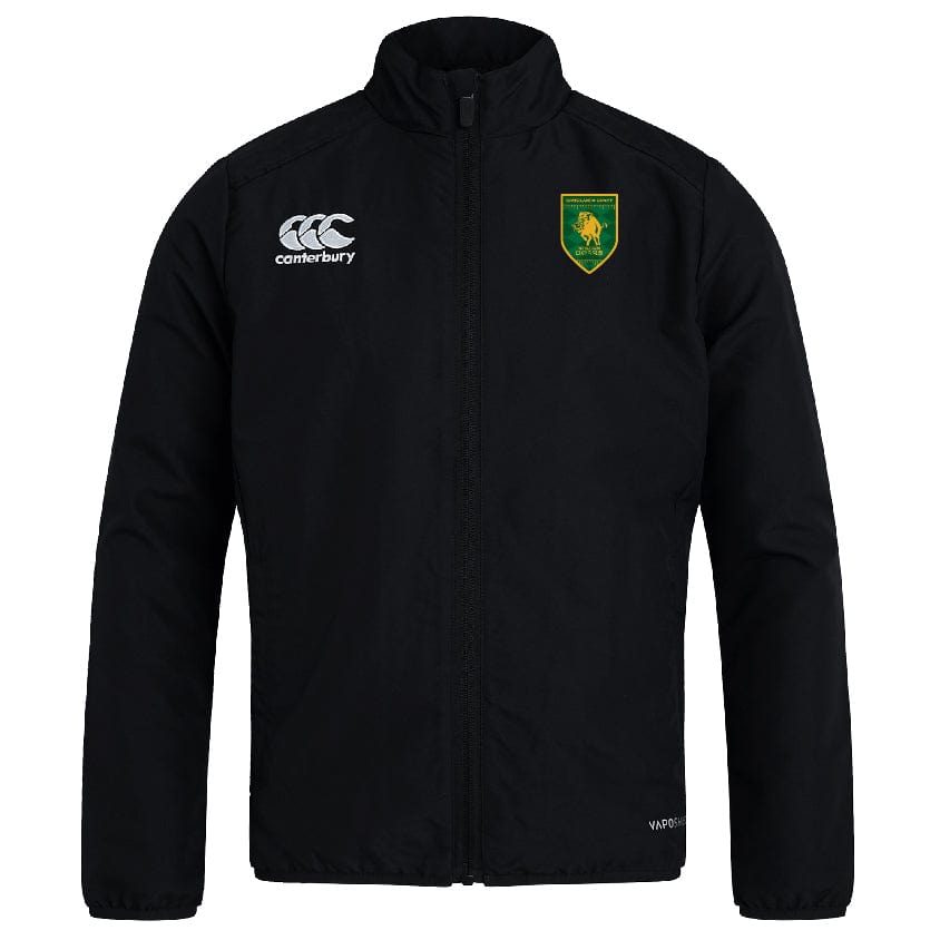 The Riverlands Rugby Club Track Jacket by EMB Canterbury is a lightweight black jacket with a green and yellow crest on the left chest and the Canterbury logo on the right.