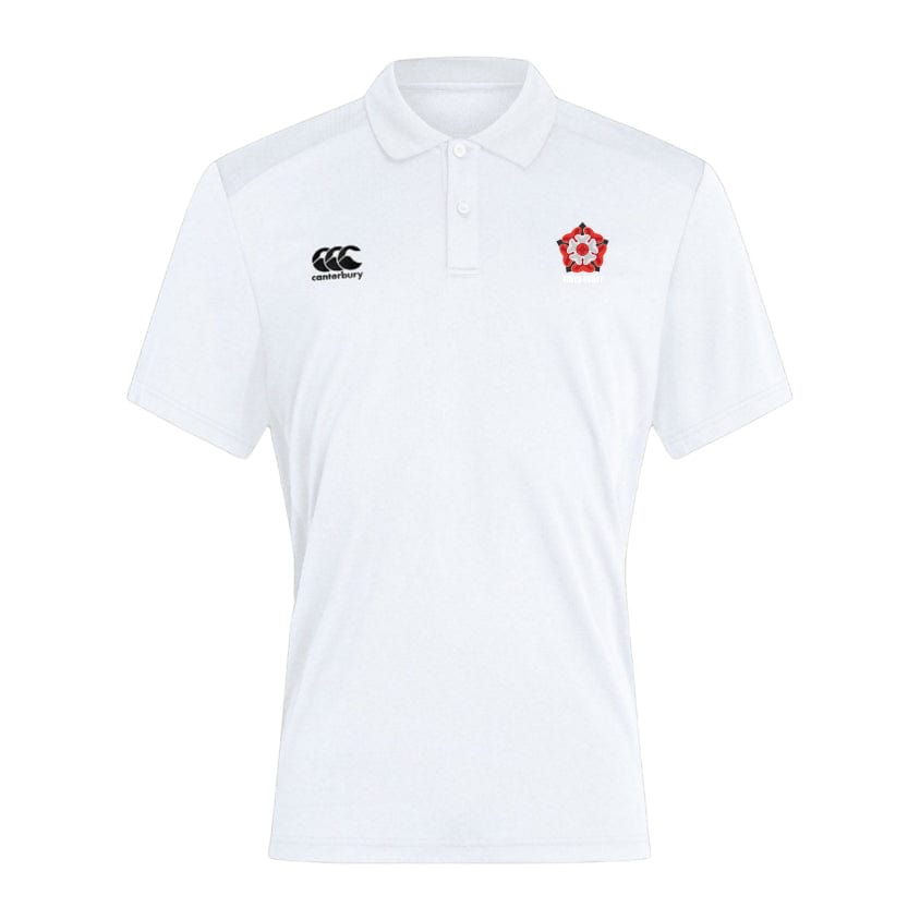 The Roses Rugby Club Dry Polo by EMB Canterbury is a breathable white shirt with Vapodri Technology, featuring a black logo on the left chest and a red emblem on the right, ensuring comfort and style for any occasion.