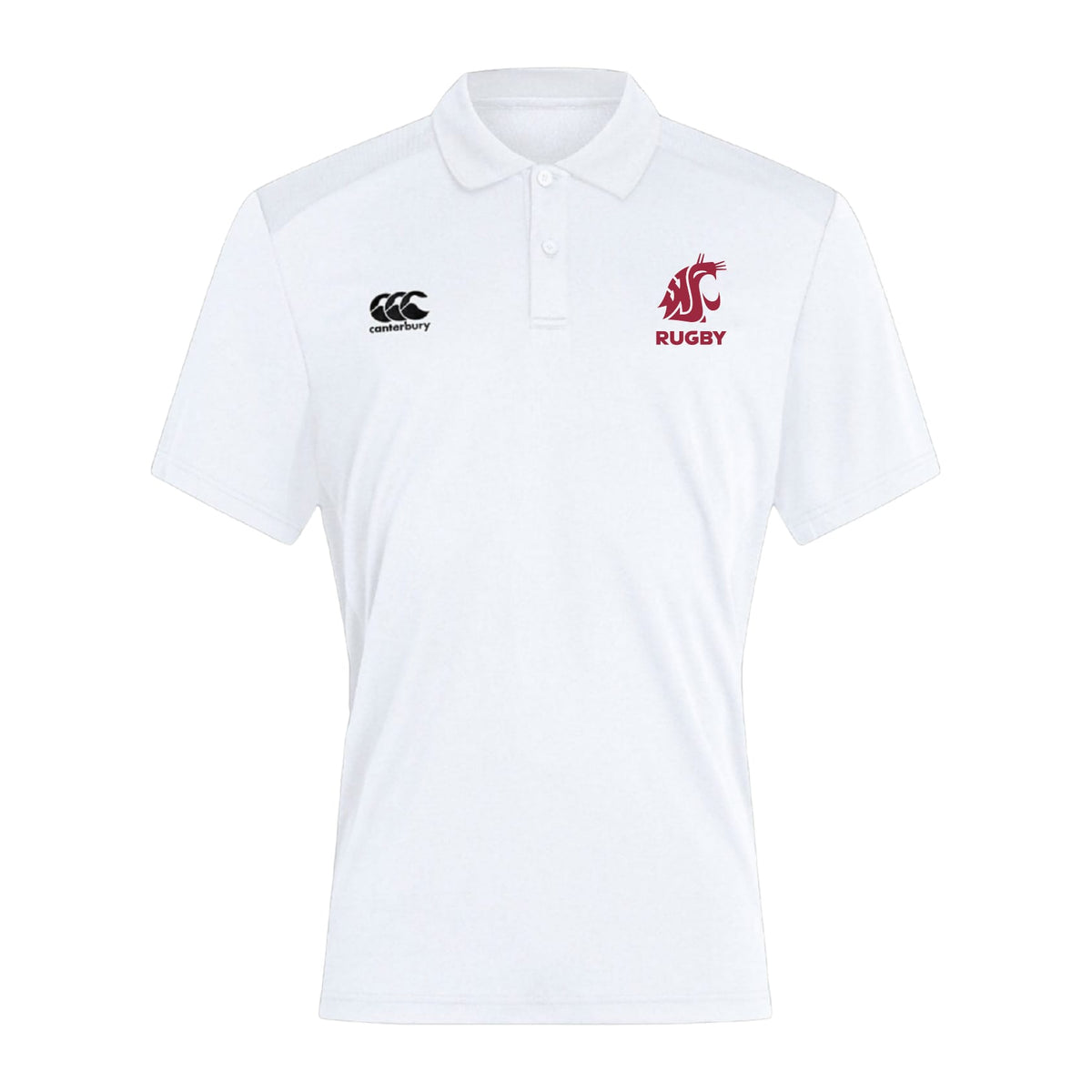 The Washington State University Club Dry Polo by EMB Canterbury is a white, short-sleeve polo with a collar and WSU Rugby logos, featuring Vapodri technology for breathable comfort during every match.