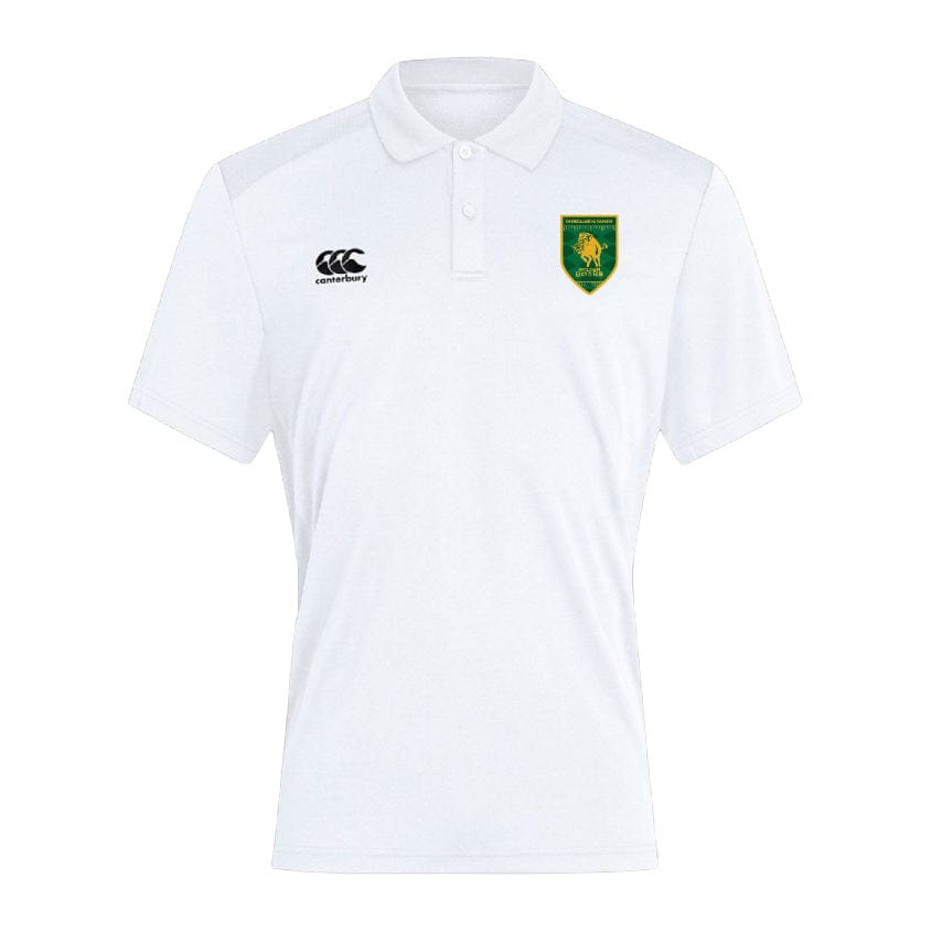 The Riverlands Rugby Club Dry Polo by EMB Canterbury is a plain white polo with a green and yellow crest on the left chest, a black Canterbury logo on the right, and features Vapodri Technology for breathable comfort.