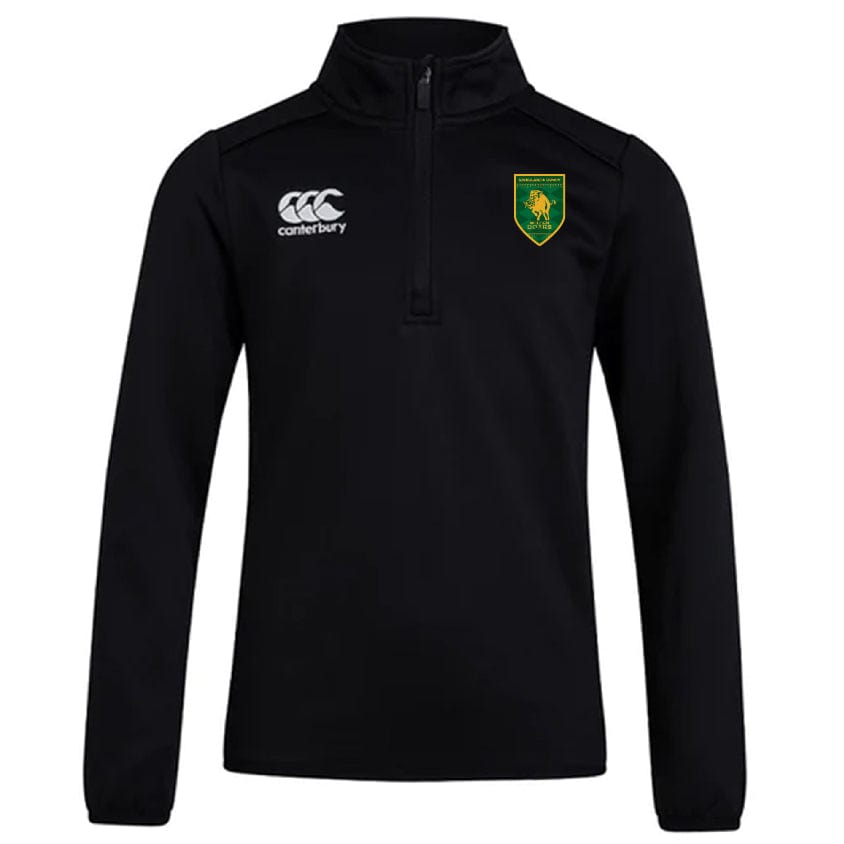 The Riverlands Rugby Club 1/4 Zip Mid Layer Training Top by EMB Canterbury is a black long-sleeve pullover with a white Canterbury logo and green-and-yellow lion crest—ideal for rugby training or casual wear.