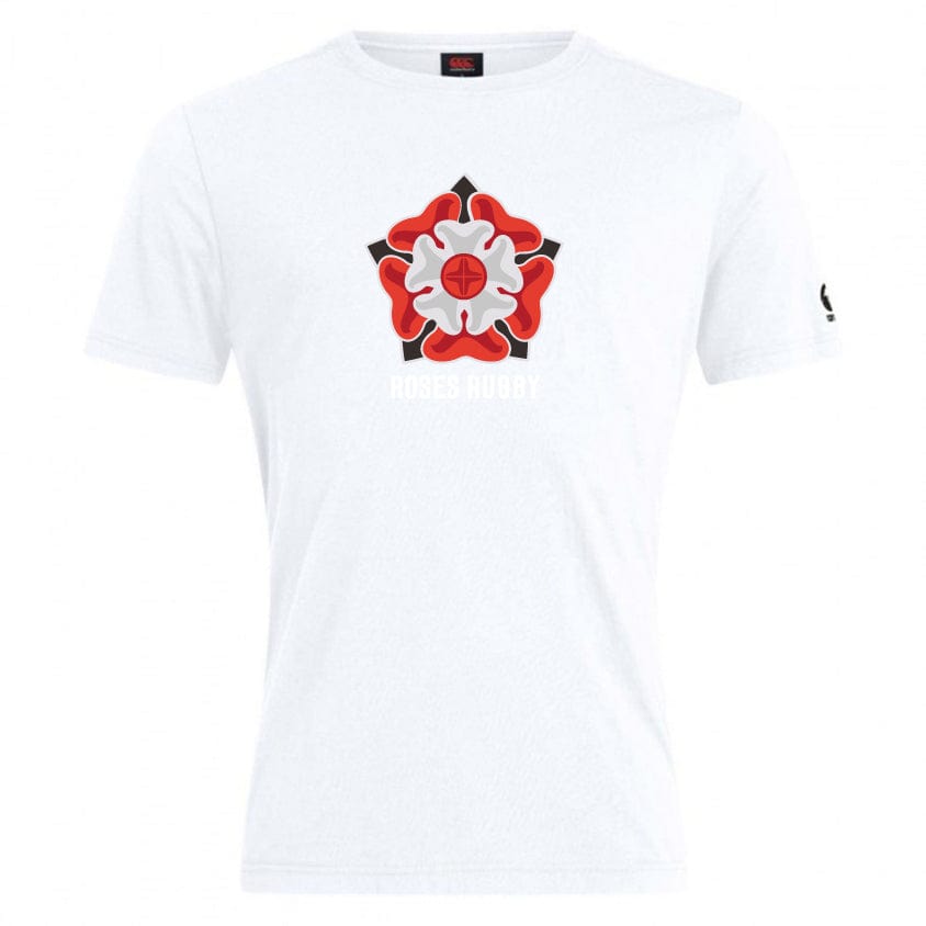 The Roses Rugby Club Plain Tee by WRS Canterbury is a white T-shirt featuring a stylized red and white rugby emblem with "Roses Rugby" beneath, crafted in a premium cotton-heavy blend for comfort. Subtle Canterbury branding completes its classic look.