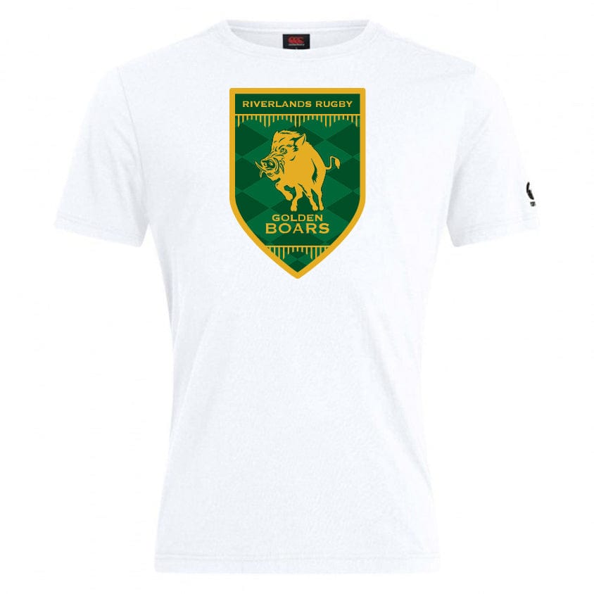 The Riverlands Rugby Club Plain Tee by WRS Canterbury is a white cotton-heavy blend featuring a large green and gold "Riverlands Rugby Golden Boars" logo with charging boar graphic on the chest.