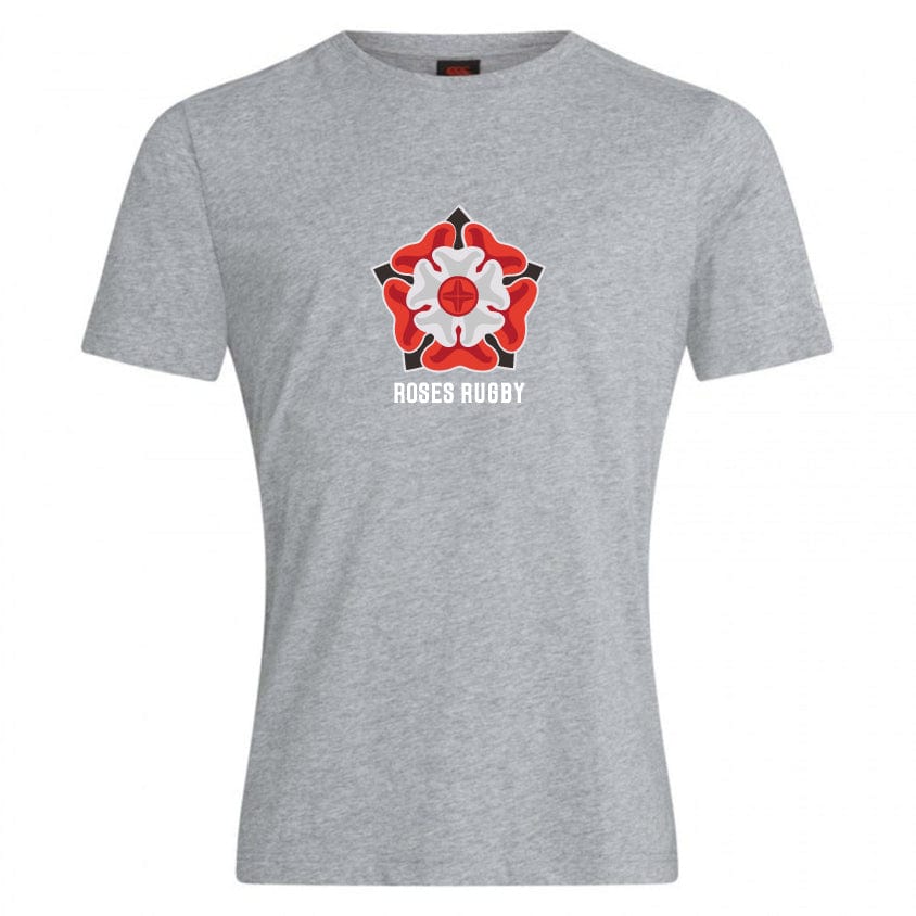 Gray T-shirt from a premium cotton blend by WRS Canterbury, featuring a red and white rose emblem and "ROSES RUBBY" text. Subtle branding reflects the style of the Roses Rugby Club Plain Tee by Canterbury, enhancing its casual appeal.