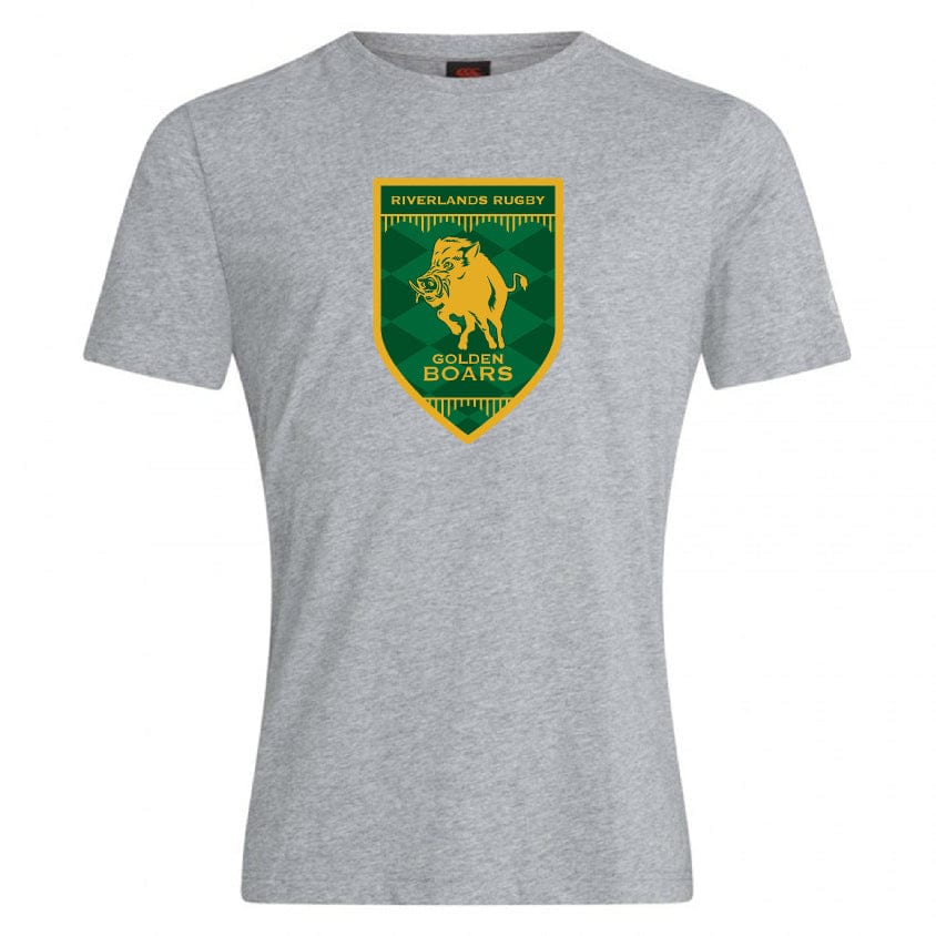 The Riverlands Rugby Club Plain Tee by WRS Canterbury is a light grey cotton-heavy shirt with a green and yellow "Riverlands Rugby Golden Boars" shield logo featuring a boar on the chest, offering comfort and durability.