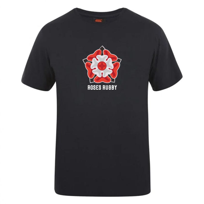 The Roses Rugby Club Plain Tee by WRS Canterbury is a black T-shirt made from a premium cotton-heavy blend. It features a red and white rose emblem with "ROSES RUGBY" beneath it, capturing timeless style along with subtle Canterbury branding, echoing the iconic CCC Club Plain Tee.