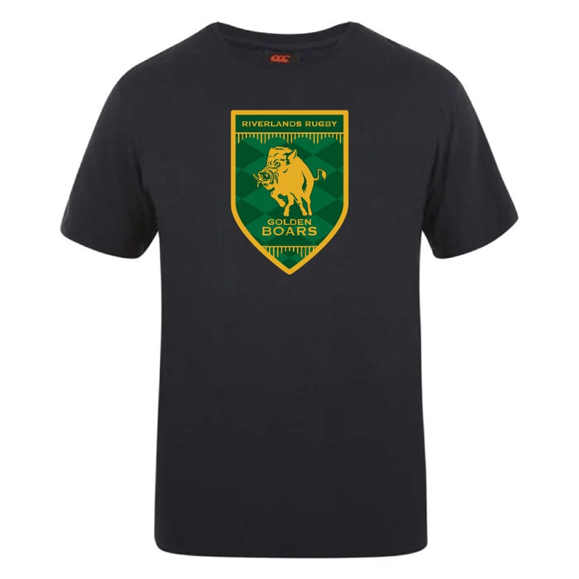 The Riverlands Rugby Club Plain Tee by WRS Canterbury is a black cotton-heavy blend shirt featuring a green and gold "Riverlands Rugby Golden Boars" shield logo with boar graphic on the chest. Customization options are available.