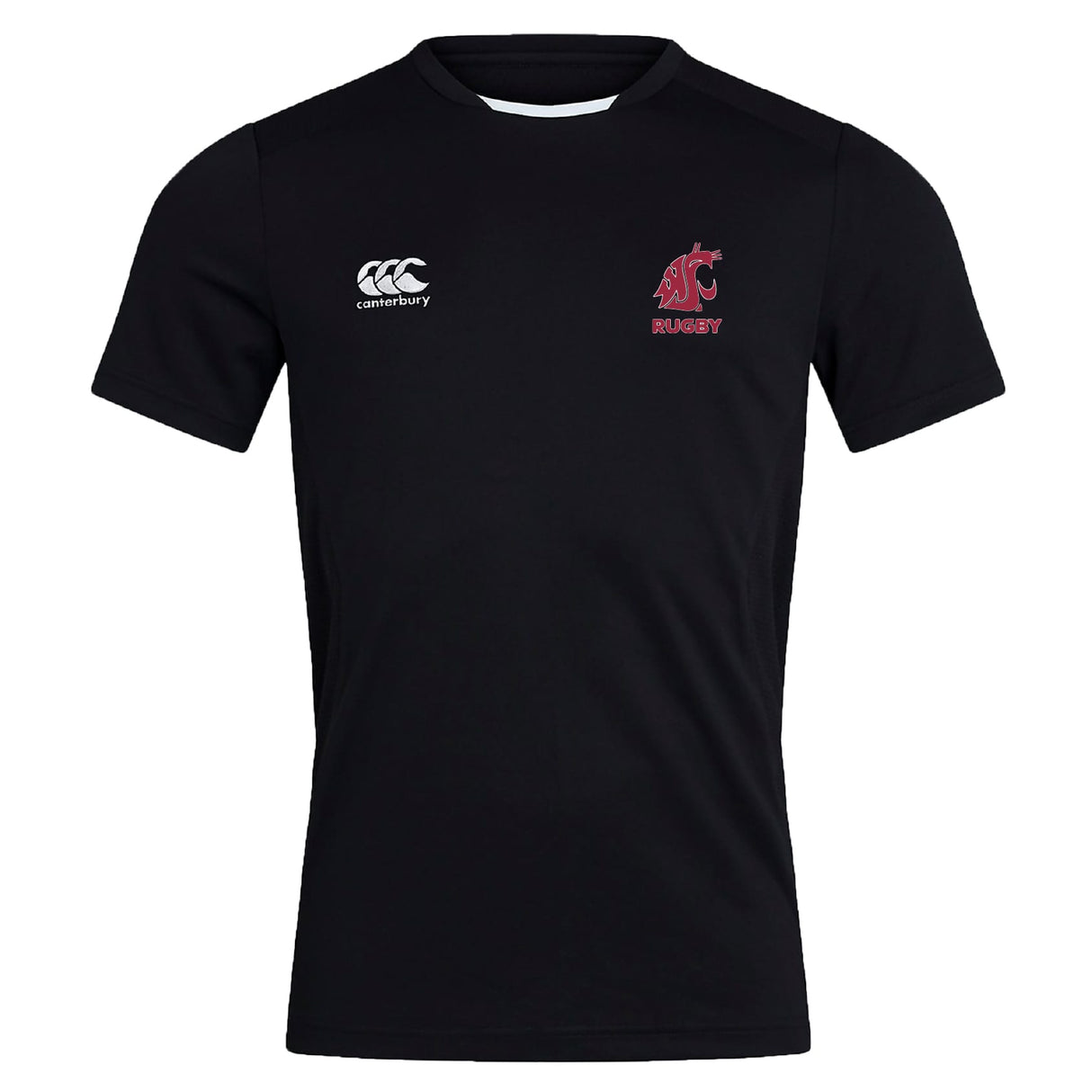 The Washington State University Club Dry Tee by EMB Canterbury is a black short-sleeve rugby shirt with a white Canterbury logo on the right chest and a red cougar emblem on the left, featuring Vapodri Technology for moisture wicking comfort.