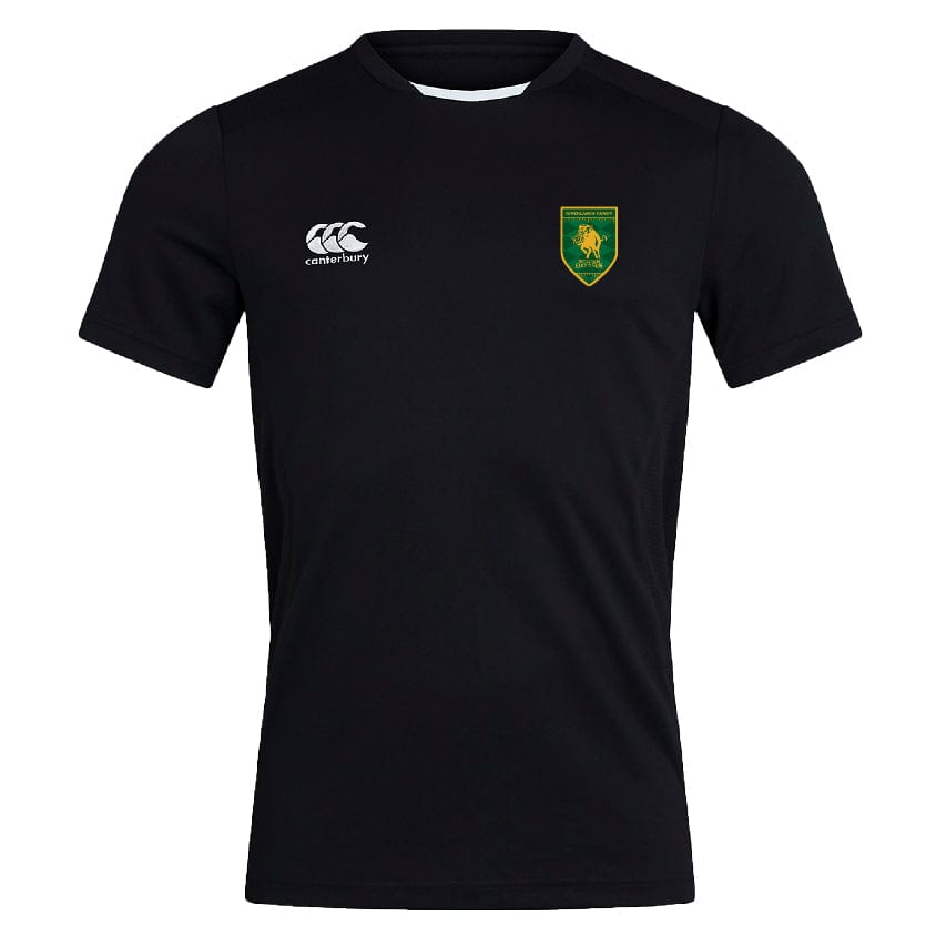 The Riverlands Rugby Club Dry Tee by EMB Canterbury features a plain black design, green and yellow crest on the left chest, white Canterbury logo on the right, and moisture-wicking fabric for quick-drying comfort.