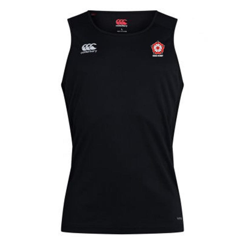 The Roses Rugby Club Dry Singlet by EMB Canterbury is a black sleeveless athletic shirt with the Canterbury logo on the right chest, a red badge on the left chest, and features Vapodri Technology for enhanced performance.