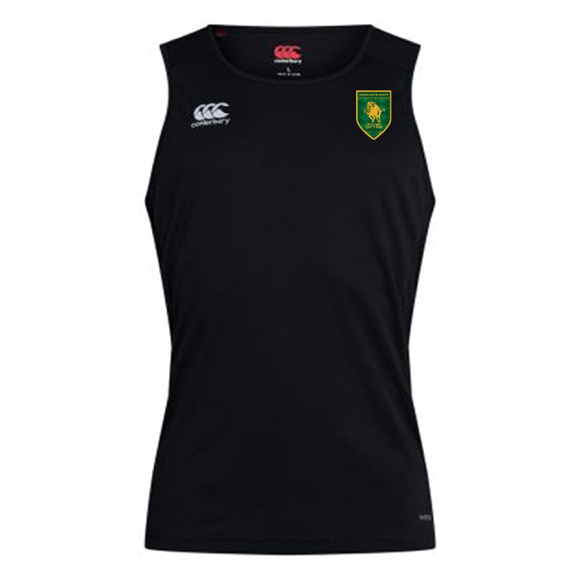 The Riverlands Rugby Club Dry Singlet by EMB Canterbury is a sleeveless black top with Vapodri Technology, featuring a white Canterbury logo and green-yellow shield on the left chest—ideal for training or game day.