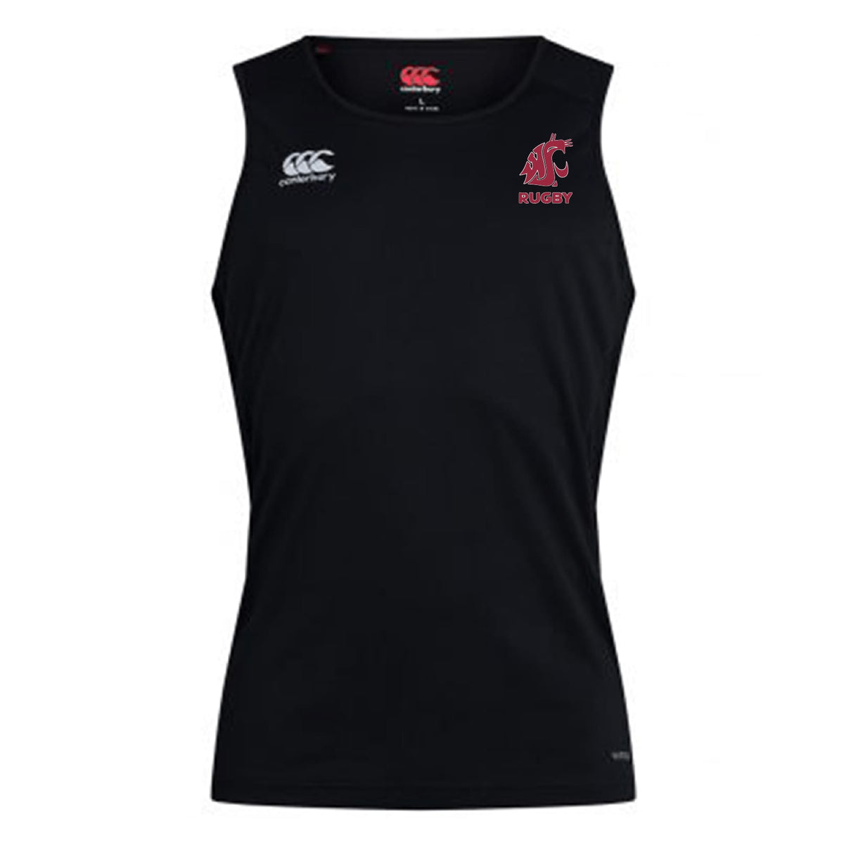 The EMB Canterbury Washington State University Club Dry Singlet is a black sleeveless athletic shirt with Vapodri Technology, featuring a red WSU Cougars rugby logo on the left chest and Canterbury logo on the right—perfect for peak performance.