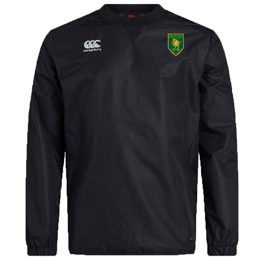 The Riverlands Rugby Club Vaposhield Contact Top by EMB Canterbury is a black long-sleeve pullover made from durable Micro Diamond ripstop, featuring CCC branding on the right chest and a green-and-yellow club emblem on the left.