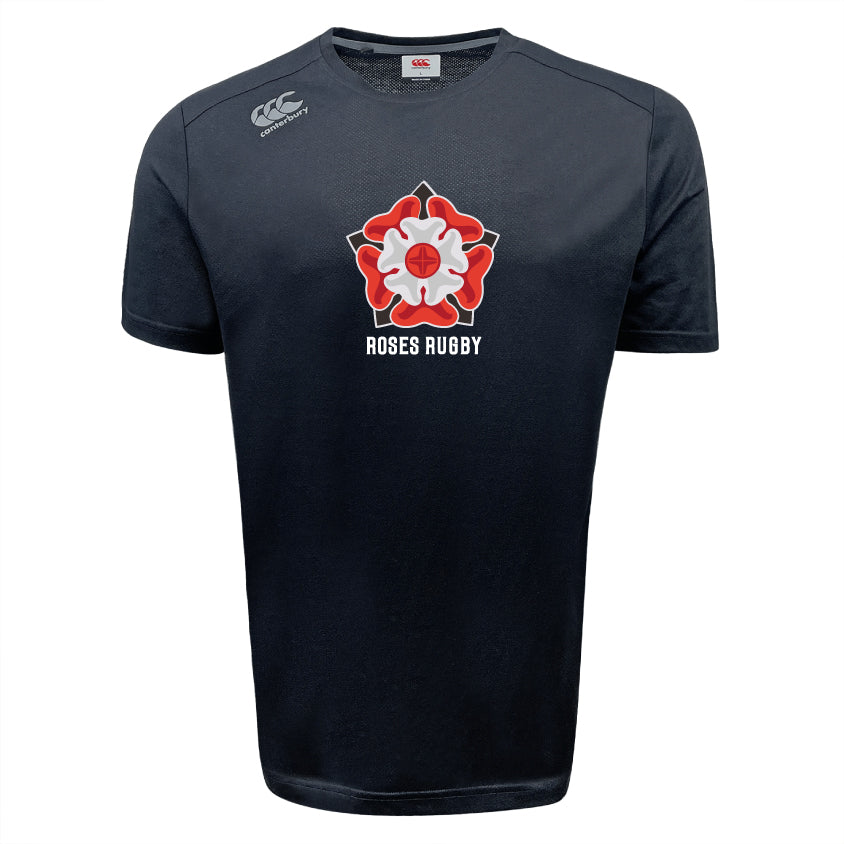 The Roses Rugby Tempo Vapodri T-Shirt by Canterbury, from WRS Canterbury, is a black rugby shirt with advanced moisture-wicking VapoDri tech. It features a red and white rose emblem and "Roses Rugby" text below, making it ideal for fans.