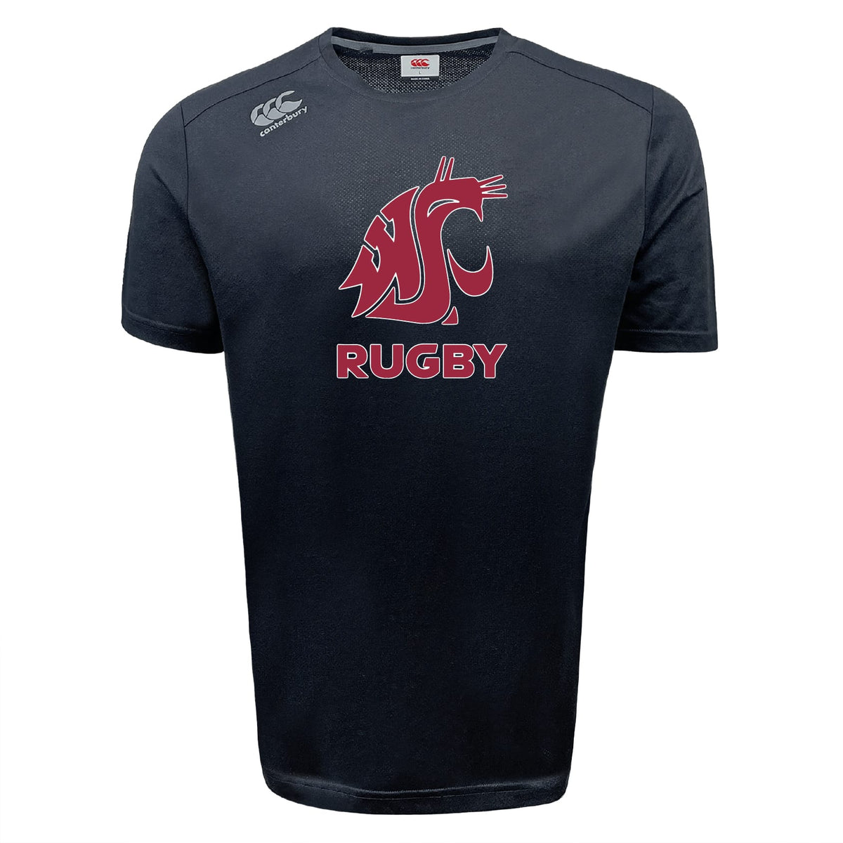 The Washington State University Tempo Vapodri T-Shirt by WRS Canterbury features black short sleeves, a red cougar head and "RUGBY" on the front, CCC logos on collar and shoulder, and moisture-wicking fabric to keep you cool during play.