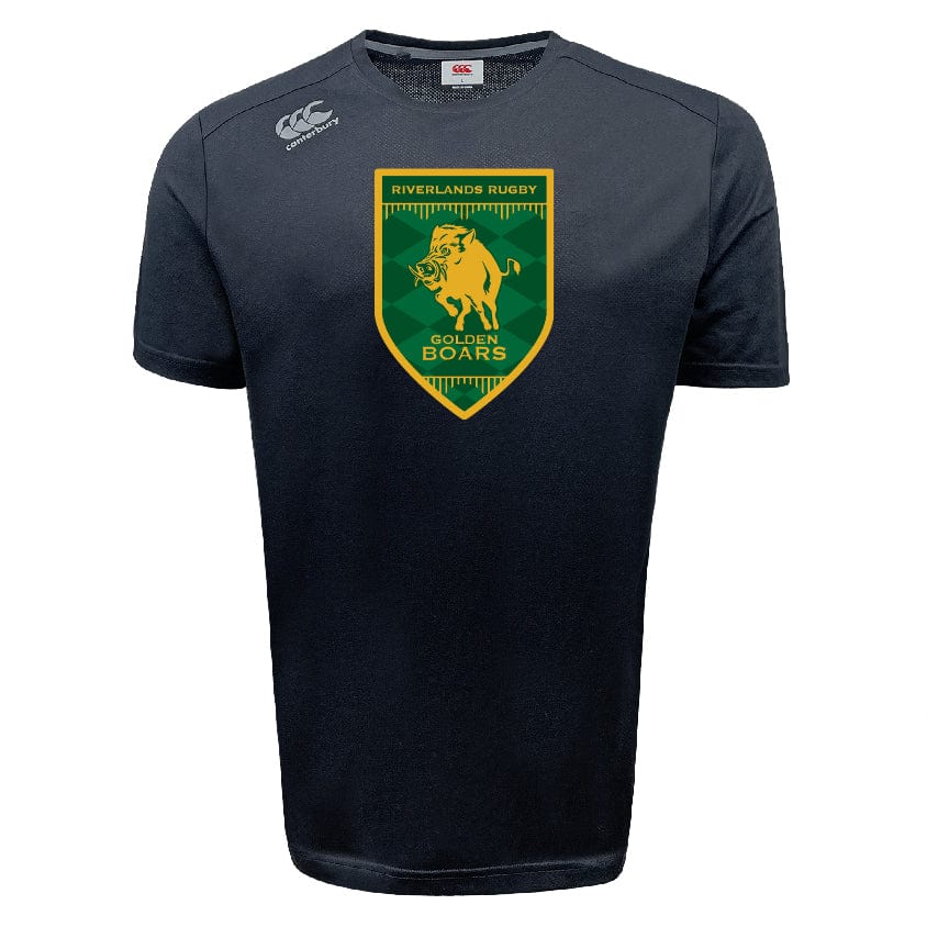 The Riverlands Rugby Tempo Vapodri T-Shirt by WRS Canterbury is black, features a green and gold Golden Boars logo on the chest, a white Canterbury logo on the shoulder, and moisture-wicking VapoDri technology for comfort.