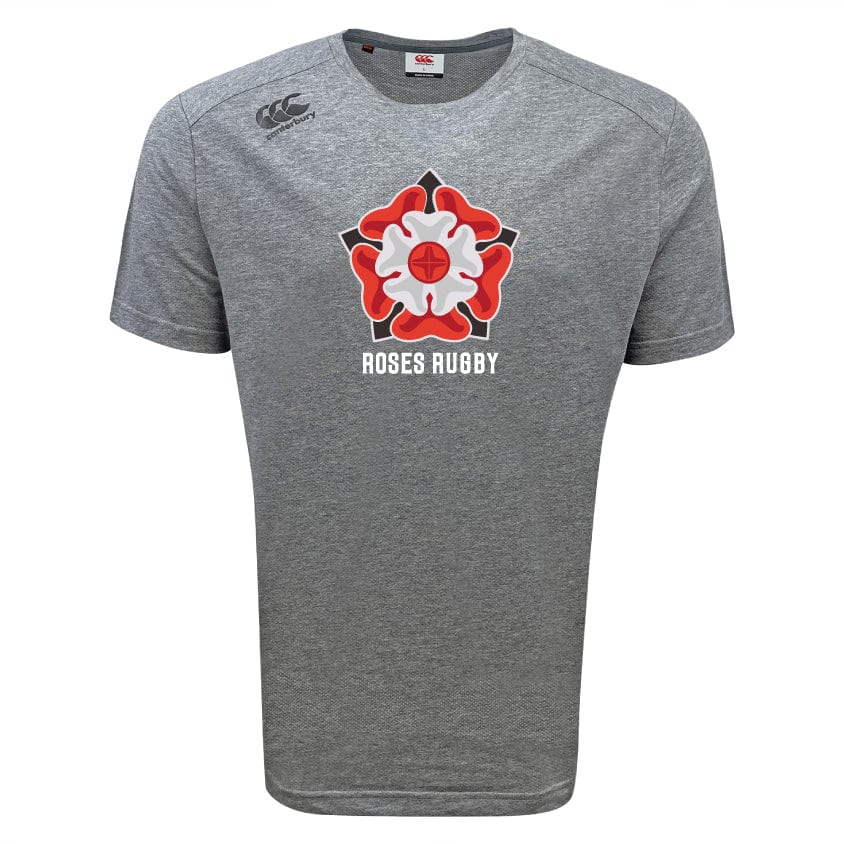 The Roses Rugby Tempo Vapodri T-Shirt by WRS Canterbury is a gray tee featuring a red and white rose emblem and "Roses Rugby" text on the front, with a small shoulder logo. It's crafted for comfort with moisture-wicking VapoDri technology.