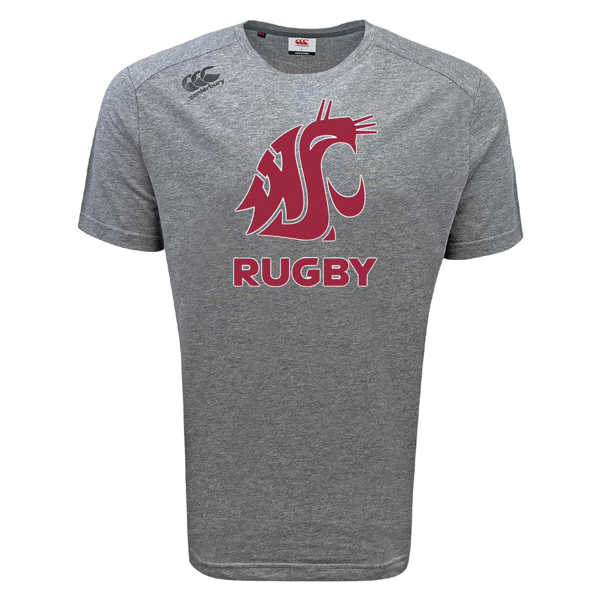 The Washington State University Tempo Vapodri T-Shirt by WRS Canterbury is a grey short-sleeve sports tee with a red and white cougar logo and "RUGBY" on the front, made from moisture-wicking fabric for all-day comfort.