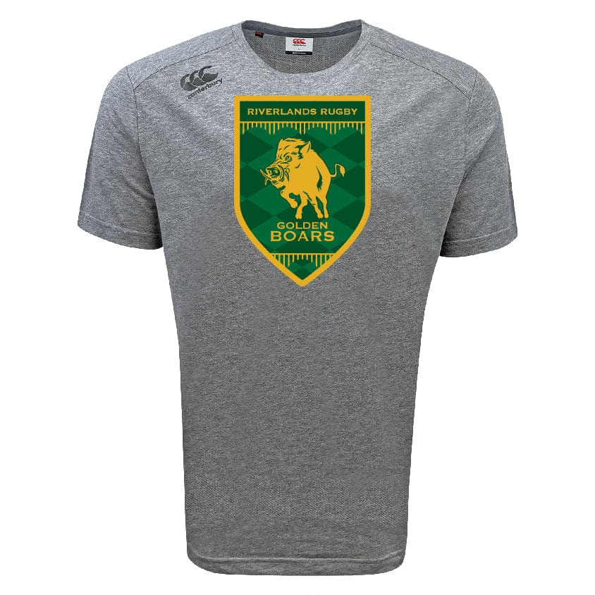 The WRS Canterbury Riverlands Rugby Tempo Vapodri T-Shirt is a gray sports tee with a green and gold "Golden Boars Riverlands Rugby" boar badge on the chest, made with moisture-wicking VapoDri tech for all-day comfort.