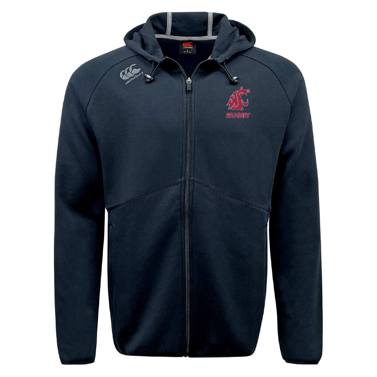 The Washington State University Tempo Vapodri Full-Zip Hoodie by EMB Canterbury features a "WSU Rugby" logo on the left chest, a white Canterbury logo on the right shoulder, and moisture-wicking fabric for comfort and style.
