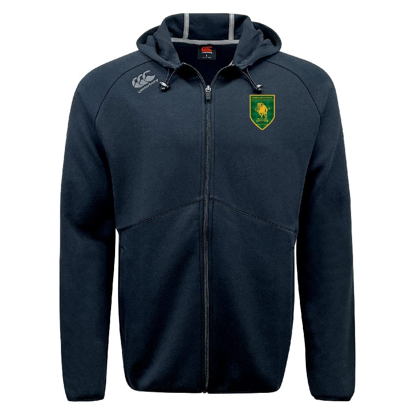 The Riverlands Rugby Tempo Vapodri Full-Zip Hoodie by EMB Canterbury is a black hoodie featuring a drawstring hood, Canterbury logo on the right chest, green and yellow crest on the left, and moisture-wicking fabric for comfort.