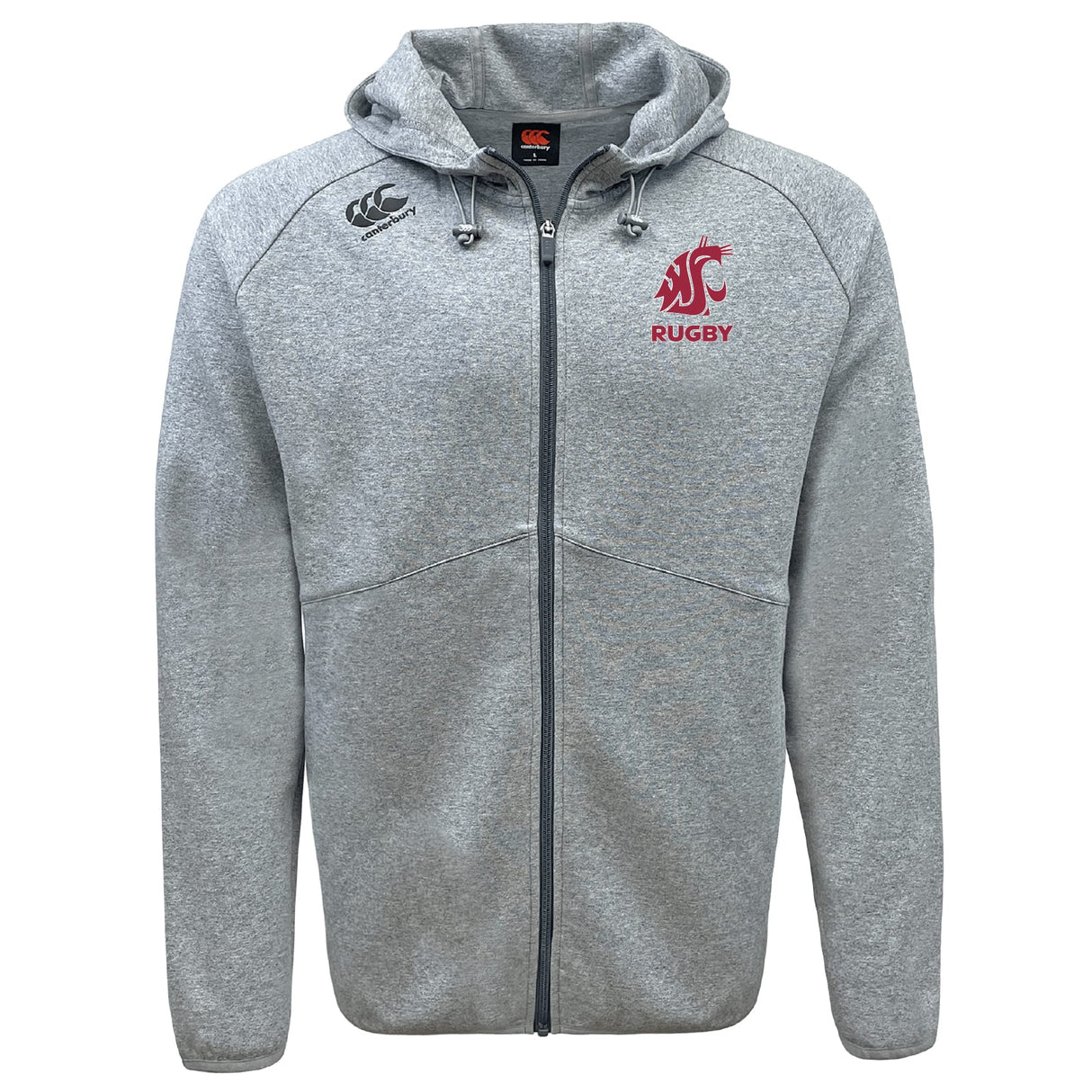 Stay comfortable and stylish in the EMB Canterbury Washington State University Tempo Vapodri Full-Zip Hoodie, featuring a light grey design, hood with drawstrings, red "WSU Rugby" logo, black CCC logo, and moisture-wicking fabric.