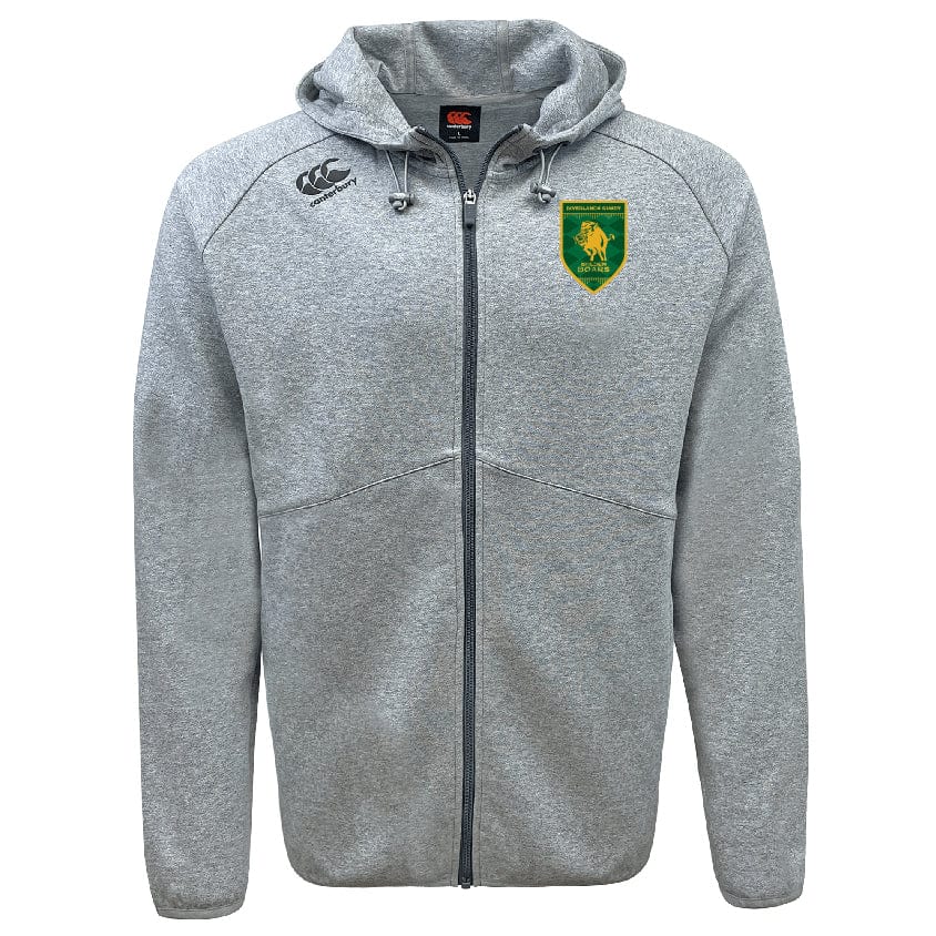The Riverlands Rugby Tempo Vapodri Full-Zip Hoodie by EMB Canterbury is a grey hoodie with a hood, black zipper, chest logos (Canterbury & green-yellow crest), and VapoDri moisture-wicking tech for comfort.
