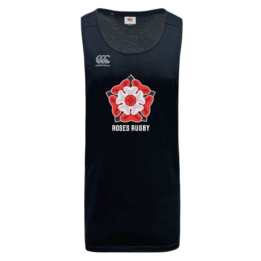 The Roses Rugby Tempo Vapodri Singlet by Canterbury, from WRS Canterbury, is a black rugby tank top made of recycled polyester featuring "Roses Rugby" and a red and white rose emblem on the chest, a Canterbury logo on the right shoulder, and incorporates VapoDri technology for enhanced performance.
