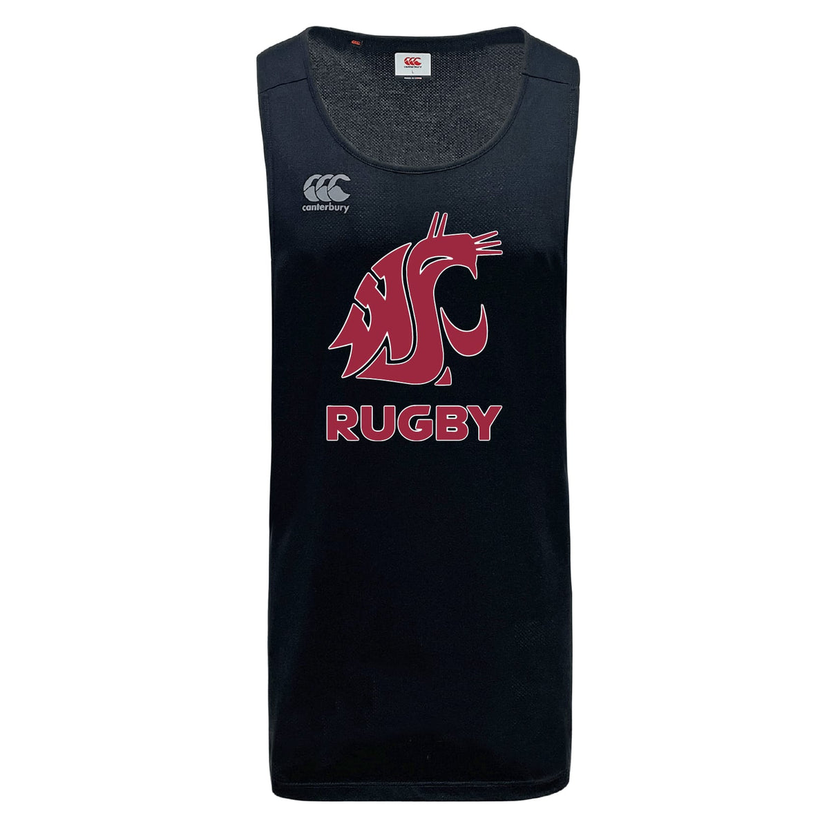 The Washington State University Tempo Vapodri Singlet by WRS Canterbury is a black, sleeveless rugby jersey featuring a stylized cougar head and "RUGBY" in red, with the Canterbury logo on the chest. Made with VapoDri technology for moisture management.